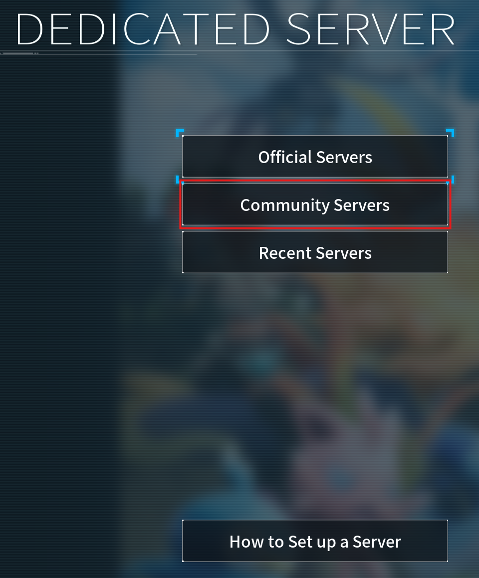 Palworld Dedicated Server screen listing Official Servers, Community Servers and Recent Servers, with Community Servers outlined in red