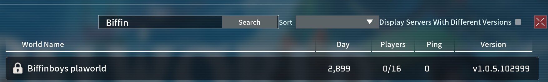 Community server list with Biffin typed in the search box and a single result, Biffinboys plaworld, shown with a lock icon